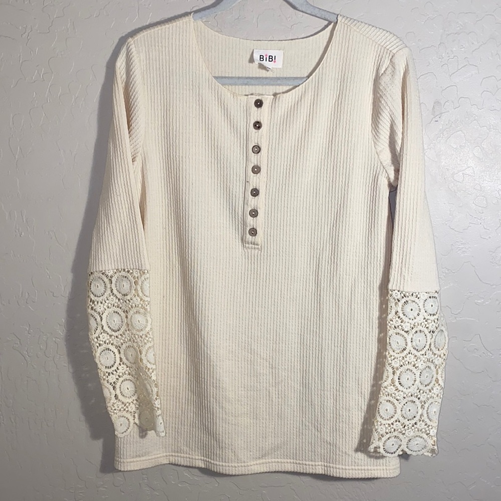 BiBi Cream Long Sleeve Henley Top with Lace Bell Sleeves